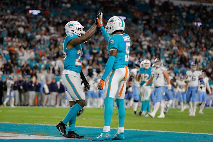 Miami Dolphins cornerback Xavien Howard and cornerback Jalen Ramsey celebrate after a play.